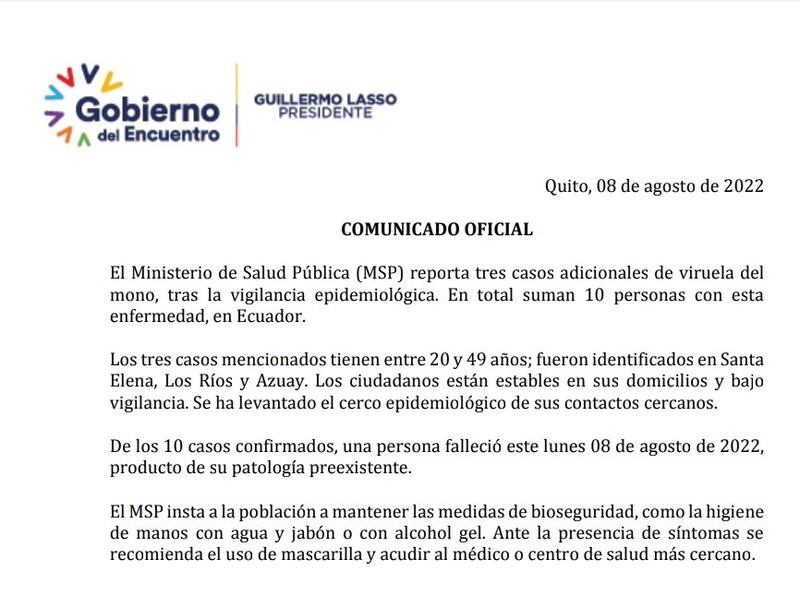 Además un fallecido por la viruela del mono en Ecuador