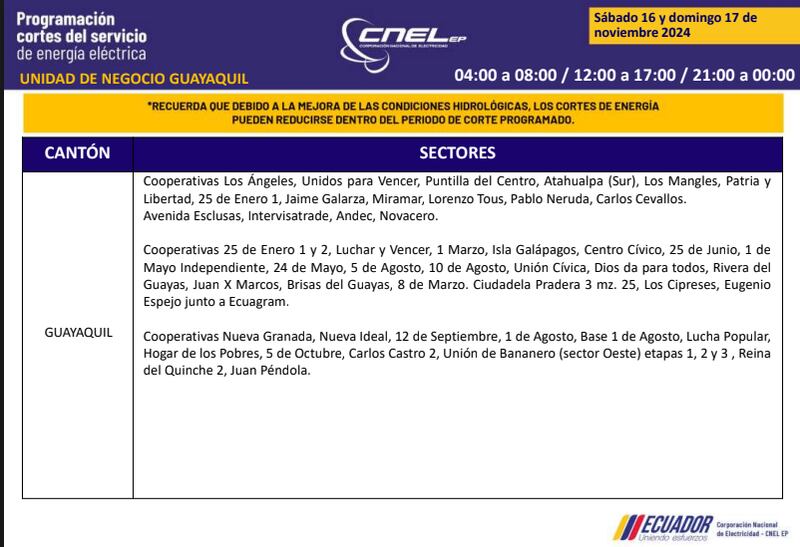 Guayaquil: horarios de cortes de luz de este domingo 17 de noviembre. Imagen: CNEL