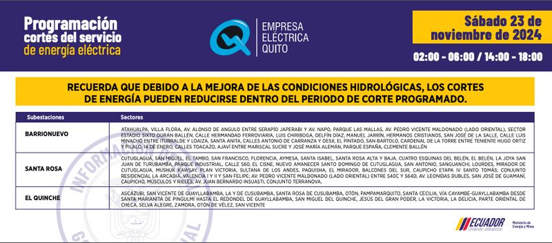 CORTES DE LUZ QUITO SABADO 23 DE NOVIEMBRE