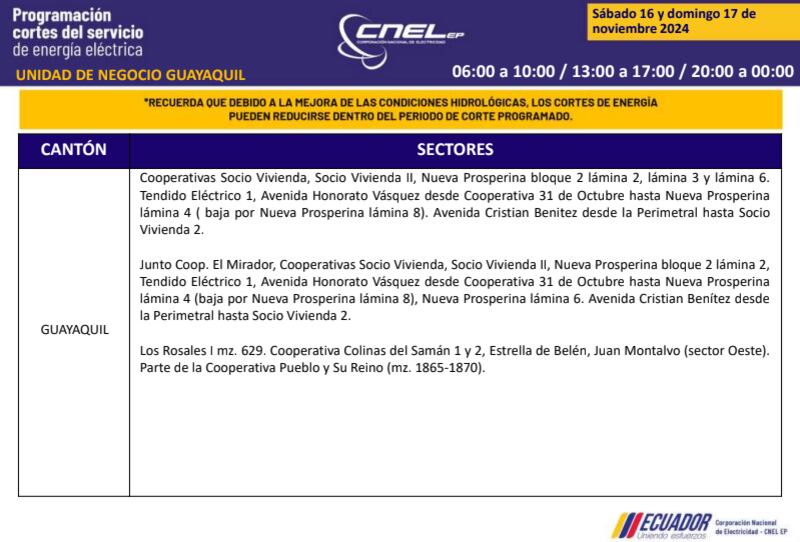 Guayaquil: horarios de cortes de luz de este domingo 17 de noviembre. Imagen: CNEL