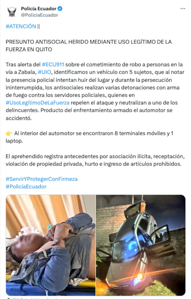 Presunto delincuente fue herido durante enfrentamiento con la Policía en el norte de Quito