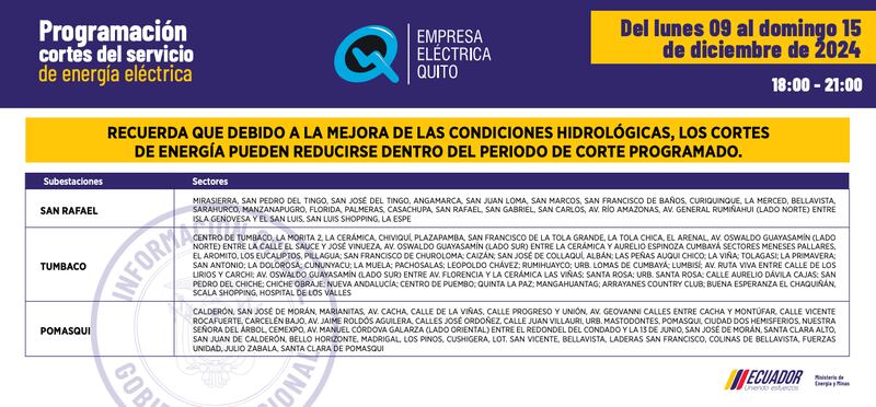 Cortes de luz en Quito del 9 al 15 de diciembre