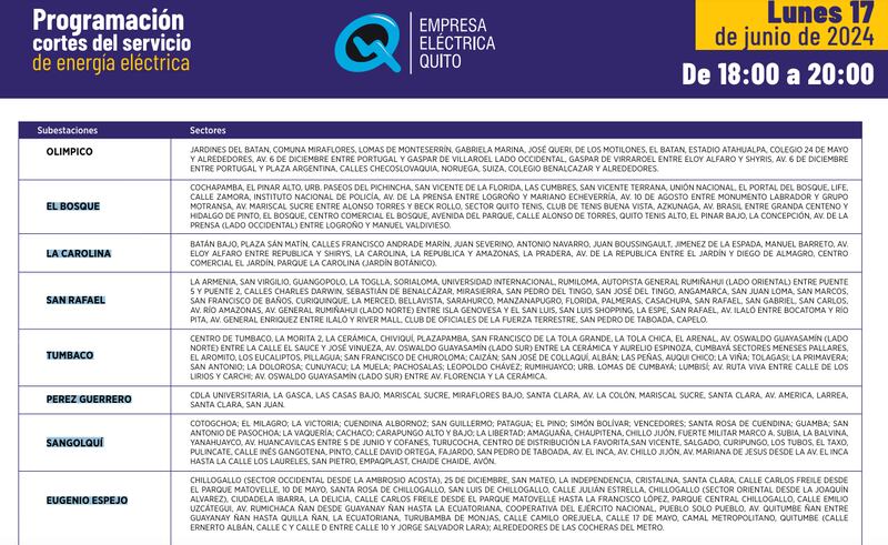 Quito: horarios y sectores donde habrá cortes de luz hasta las 22h00 este lunes 17 de junio