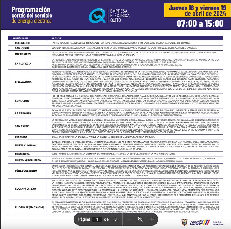 Quito: Cortes de luz para el 18 y 19 de abril serán de ocho horas