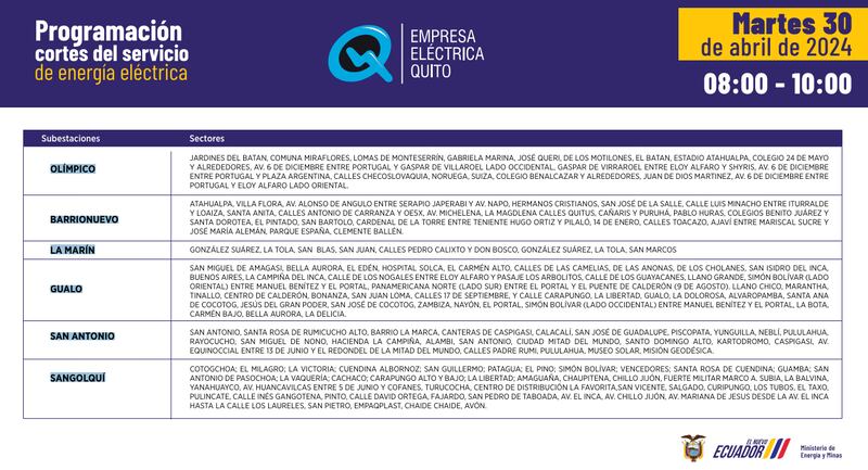 Quito: así quedan los horarios de cortes de luz para este martes 30 de abril.