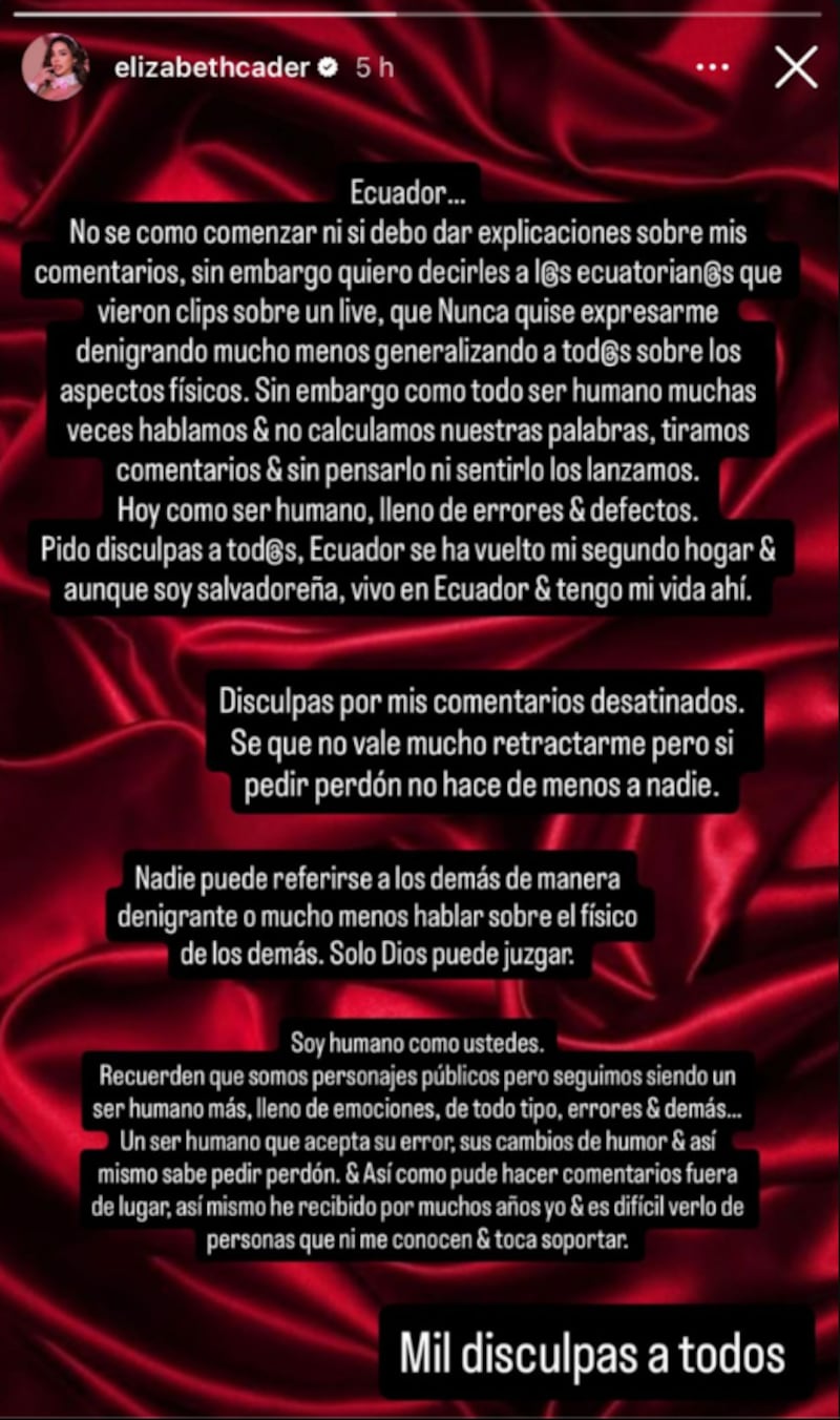 Disculpas públicas a Ecuador de Elizabeth Cader