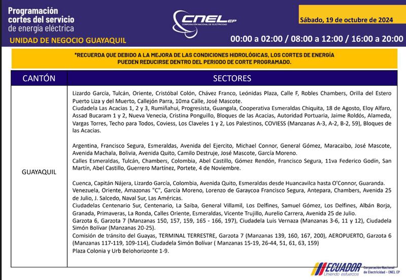 Guayaquil: horarios de cortes de luz para este sábado 19 y domingo 20 de octubre. Imagen: CNEL