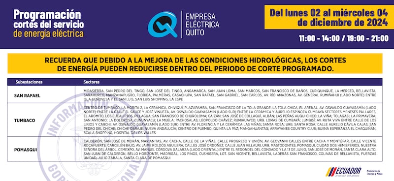 Cortes de luz en Quito del lunes 2 al miércoles 4 de diciembre
