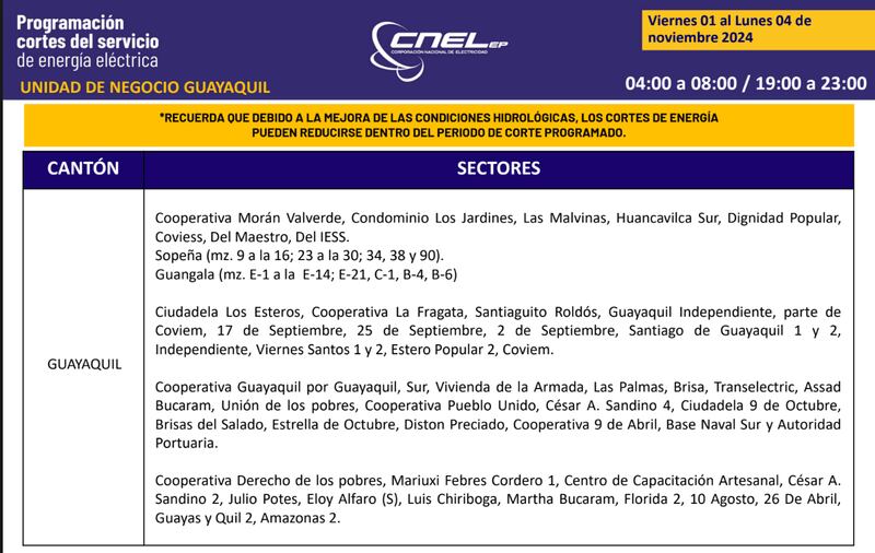 Guayaquil: Así quedan los nuevos horarios de cortes de luz para el feriado de noviembre