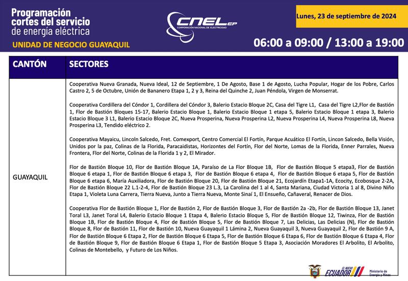 Así quedan los horarios de cortes de luz para Guayaquil.