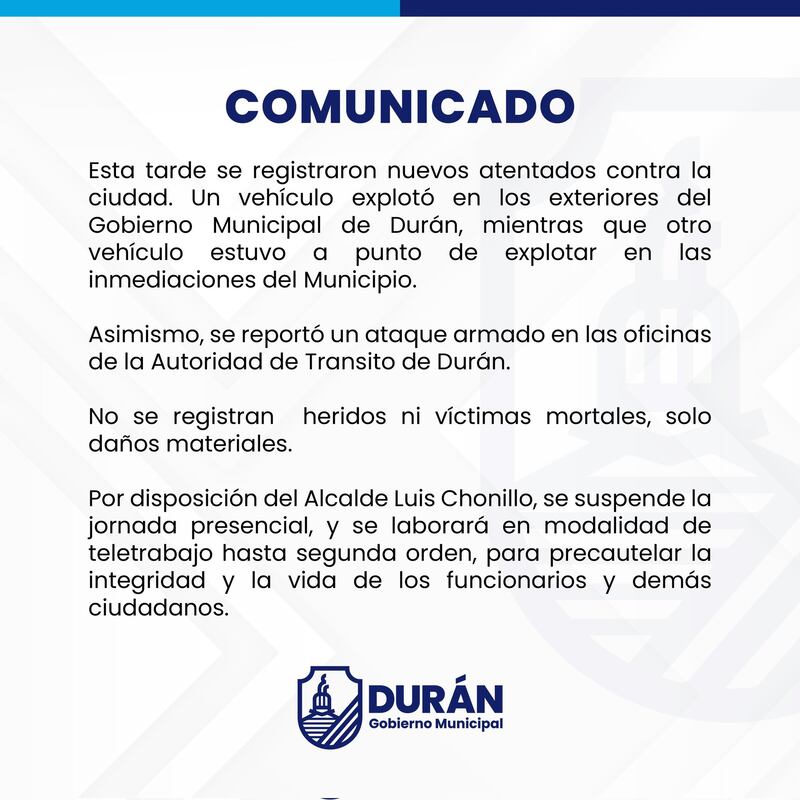 Suspenden la jornada laboral tras atentados en las inmediaciones del Municipio de Durán