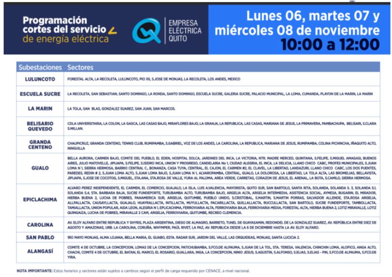 Cortes de luz de lunes a miércoles en Quito