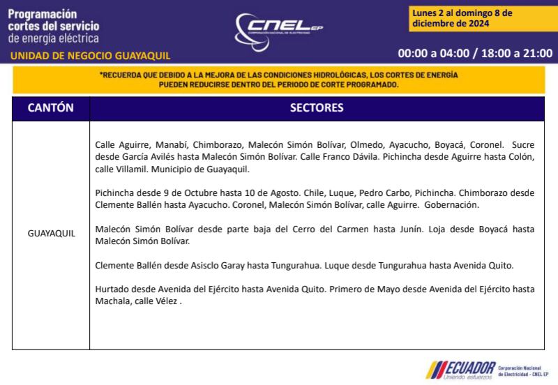 Guayaquil: revise los horarios de cortes de luz del 2 al 8 de diciembre. Imagen: CNEL