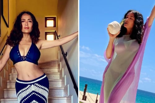 Salma Hayek se roba miradas al lucir un traje de baño de dos piezas