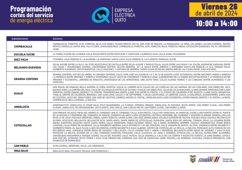 Quito: así quedan los horarios de cortes de luz para este 26 de abril.