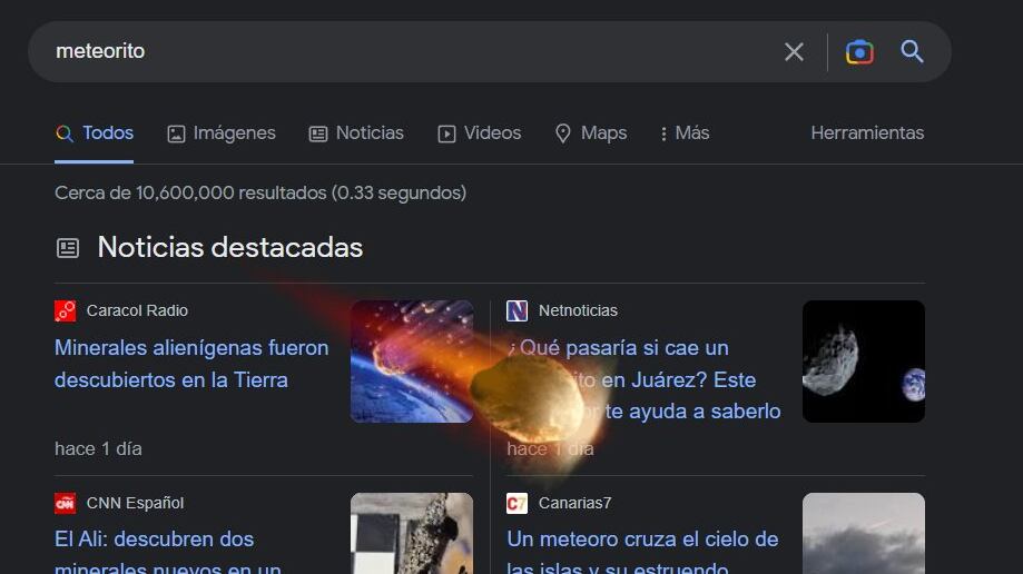 Esto pasa si escribes meteorito en Google