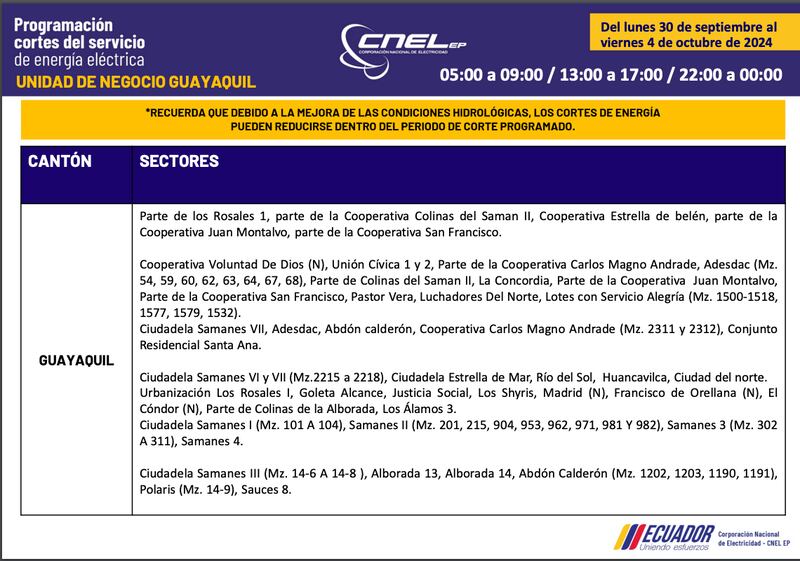 Cortes de luz en Guayaquil hasta el 4 de octubre