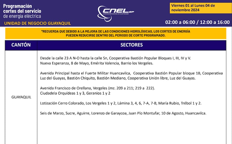 Guayaquil: Así quedan los nuevos horarios de cortes de luz para el feriado de noviembre