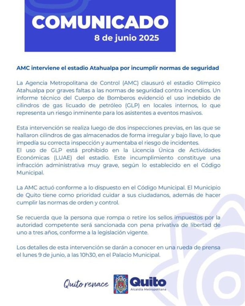 Comunicado de la AMC sobre el Olímpico Atahualpa