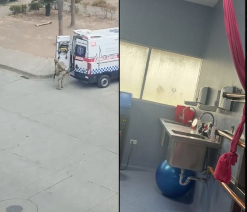 Impactos de bala en las instalaciones del Hospital Monte Sinaí tras el ataque armado en Guayaquil.