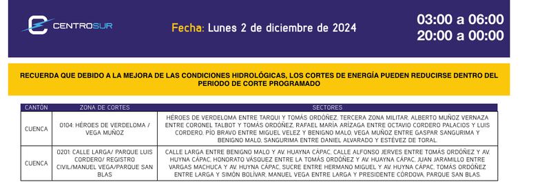 Cuenca: revise el cronograma de cortes de luz de este lunes 2 de diciembre. Imagen: CENTROSUR