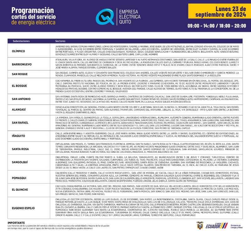 Nuevos horarios de cortes de luz para Quito