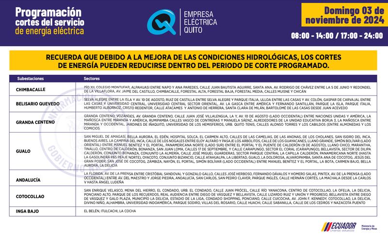 Quito: horarios de cortes de luz del 28 de octubre al 3 de noviembre. Imagen: EEQ