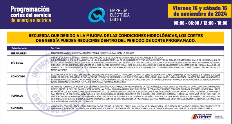 CORTES DE LUZ VIERNES 15 Y SÁBADO 16 DE NOVIEMBRE