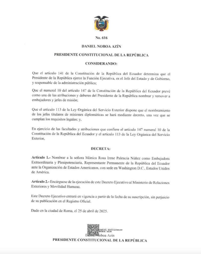 Daniel Noboa designa a Mónica Palencia como embajadora de Ecuador ante la OEA