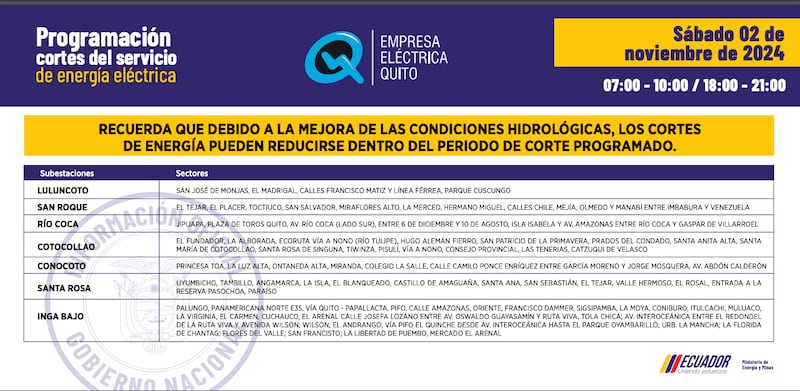 Cortes de luz en Quito: cambian los horarios para el 03 y 04 de noviembre