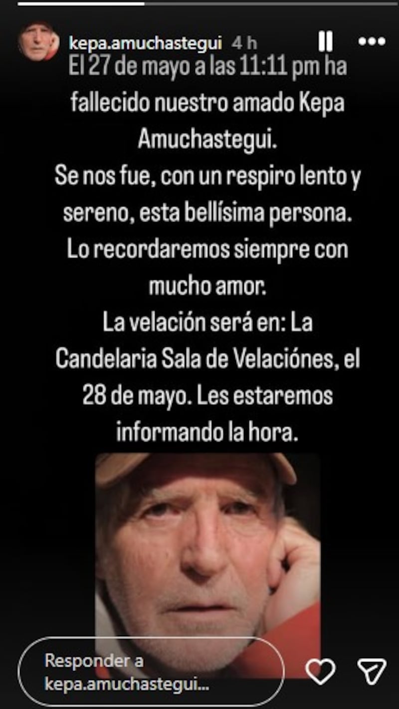 Foto del anuncio del fallecimiento del actor Kepa Amuchastegui en sus redes.