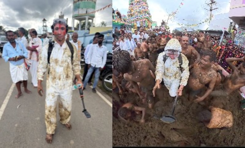 Tyler Oliveira terminó cubierto de estiércol durante el festival Gorehabba en India.