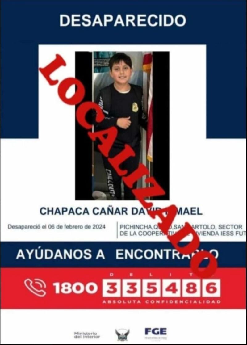 Localizan al menor David Ismael Chapaca, quien estaba reportado como desaparecido en el sur de Quito.