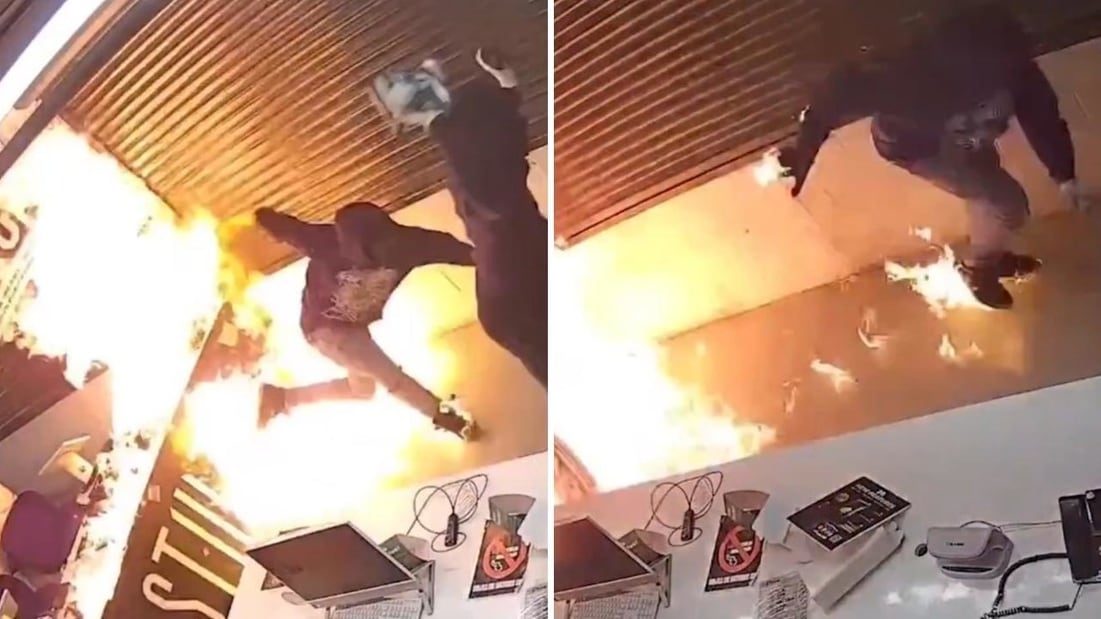 Ladrones roban e incendian una tienda y terminan envueltos en llamas (VIDEO)