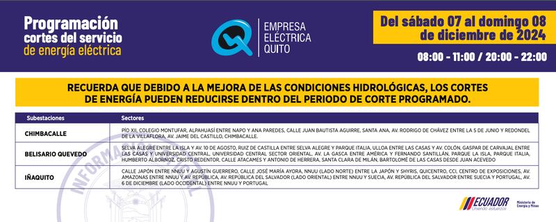 Cortes de luz en Quito del 07 y 08 de diciembre