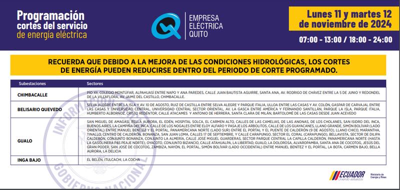 Cortes de luz en Quito 11 y 12 de noviembre