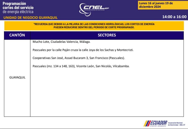 Guayaquil: nuevos horarios de apagones de dos horas del 16 al 19 de diciembre. Imagen: CNEL