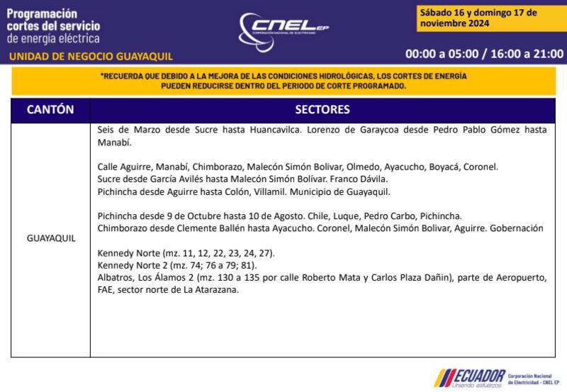 Guayaquil: horarios de cortes de luz de este domingo 17 de noviembre. Imagen: CNEL