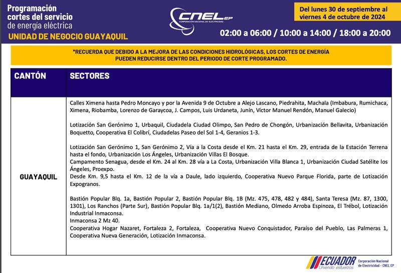 Cortes de luz en Guayaquil hasta el 4 de octubre