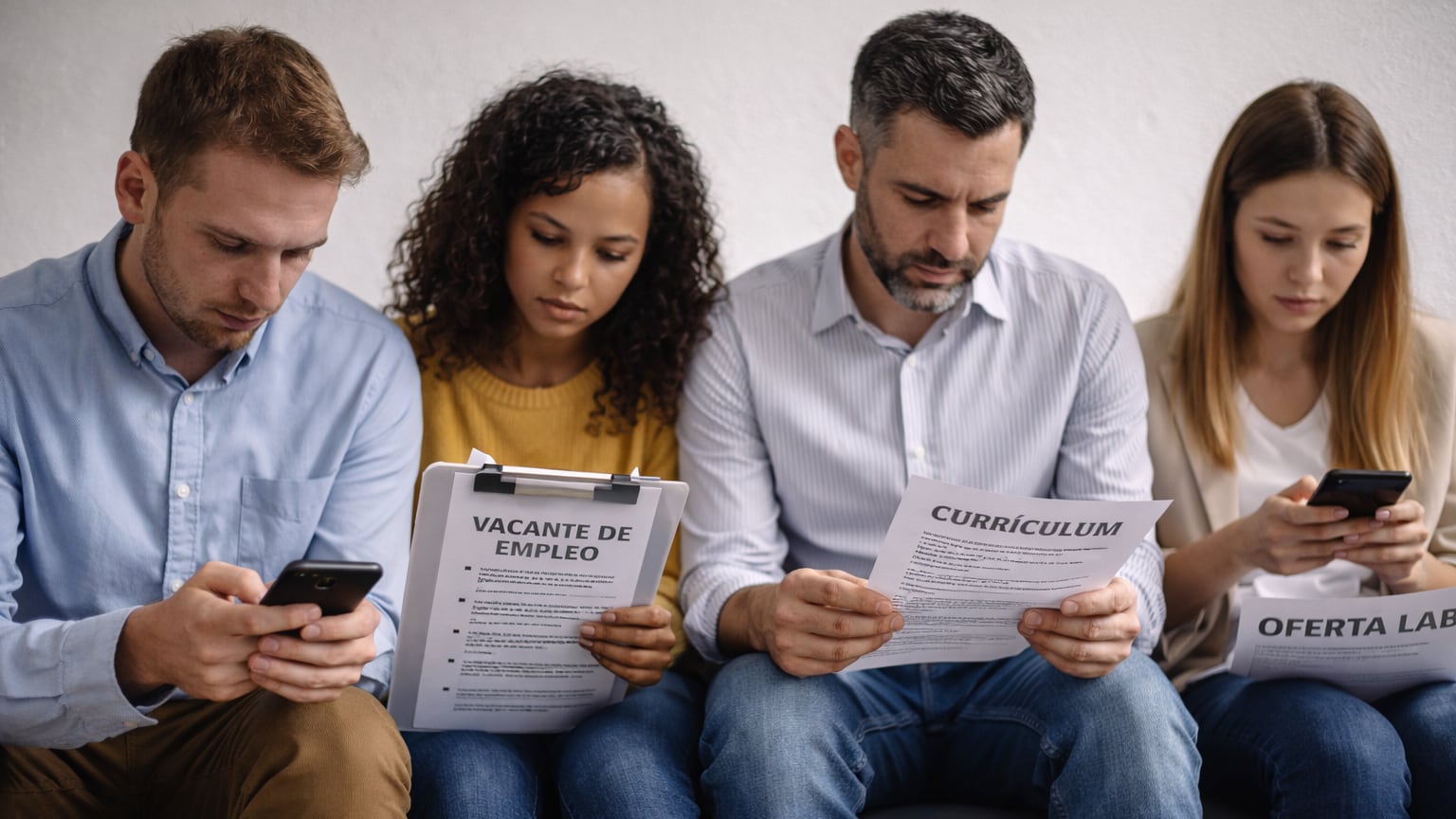 Personas buscando empleo con hojas de vida en sus manos