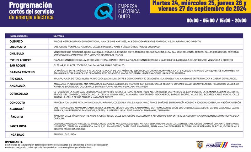 Nuevos horarios de cortes de luz para Quito