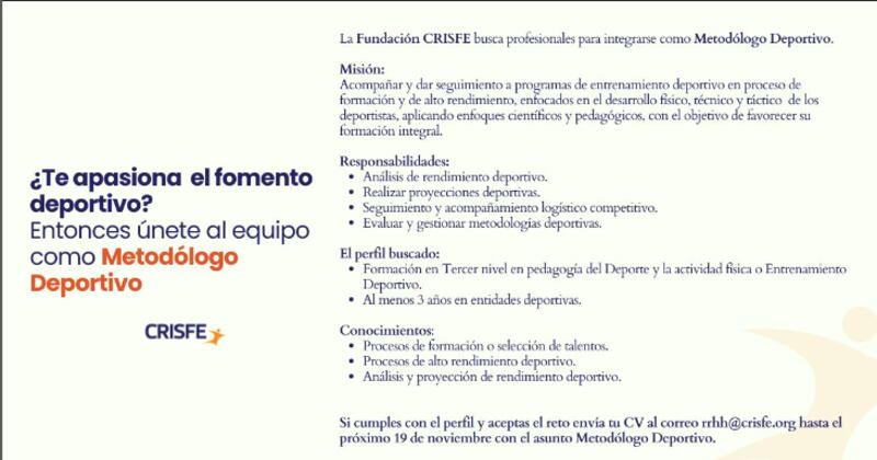 Trabajo en la fundación Crisfe en Quito para Quito como Metodólogo Deportivo