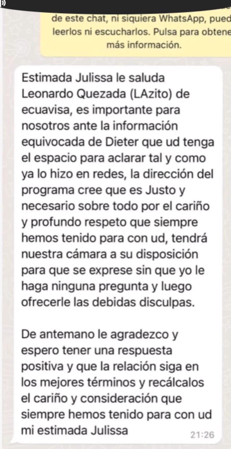 Capturas de chats entre Leonardo Quezada y Julissa Jiménez