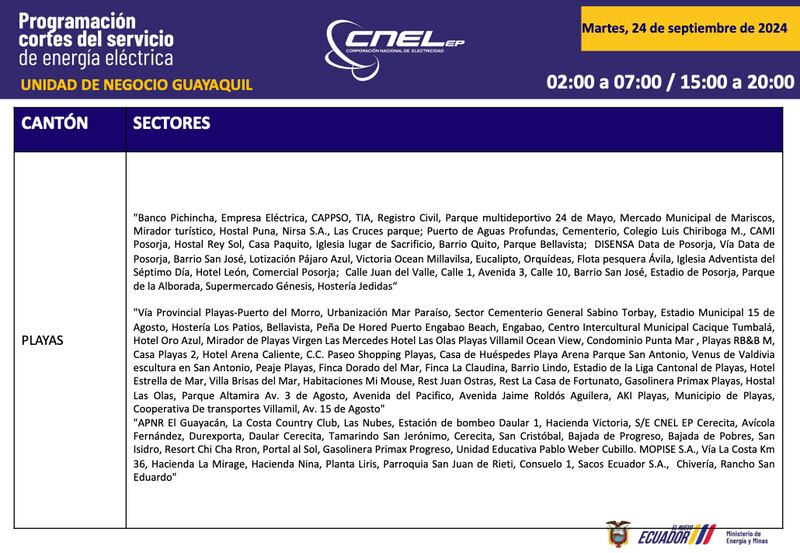 Horario de cortes de luz para este martes 24 de septiembre en Guayaquil.