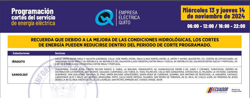 cortes de luz Quito 13 y 14 noviembre