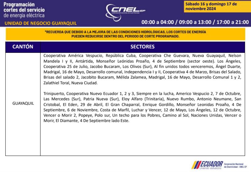 Guayaquil: horarios de cortes de luz de este domingo 17 de noviembre. Imagen: CNEL