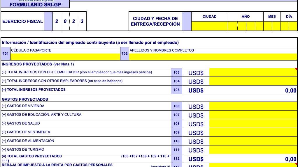Formulario de proyección de gastos personales 2023