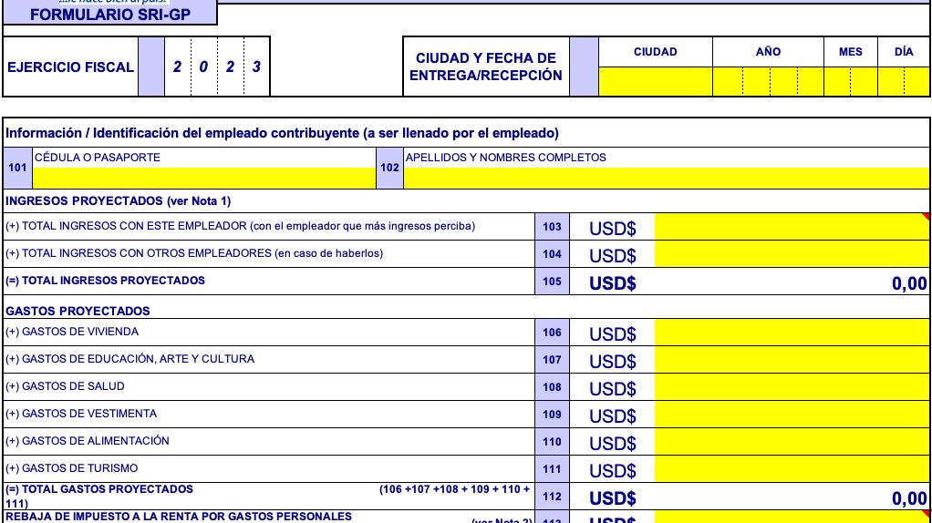 Formulario de proyección de gastos personales 2023
