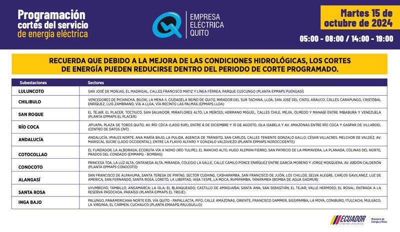 Quito: recuerde los horarios de cortes de luz para este 15 de octubre