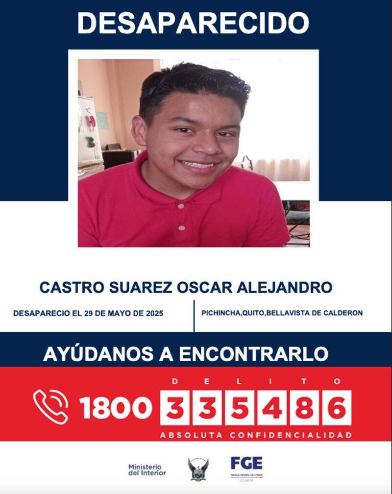 Familiares buscan a Oscar Alejandro Castro, joven reportado como desaparecido en el norte de Quito